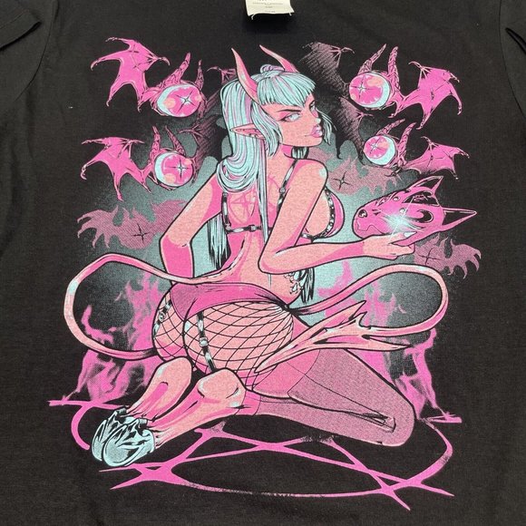 Pinku Kult T-Shirt Demon Girl Hex Mortis Black Pink SMALL Two-Sided NEW - Picture 2 of 6
